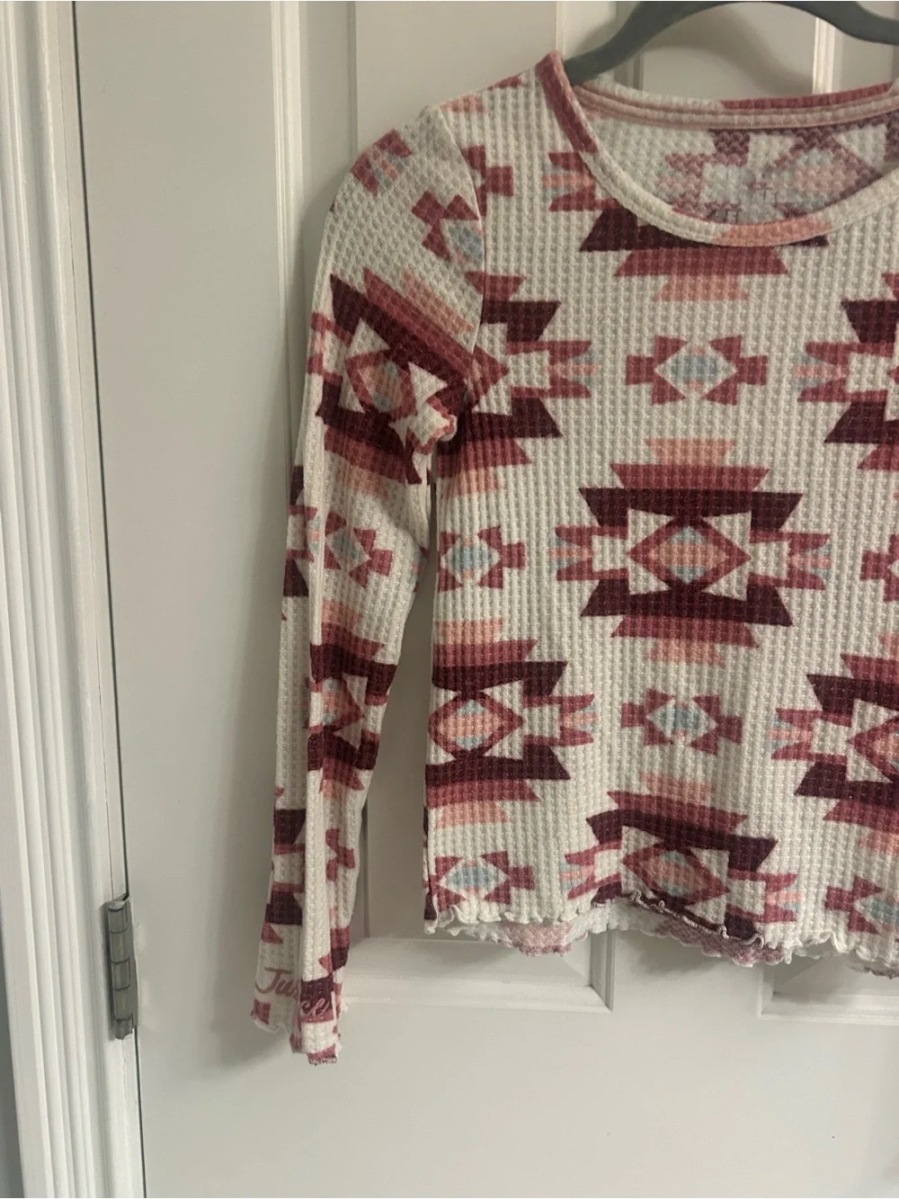 Girls Justice Cream and Burgundy Aztec Waffle-Knit Long Sleeve Top